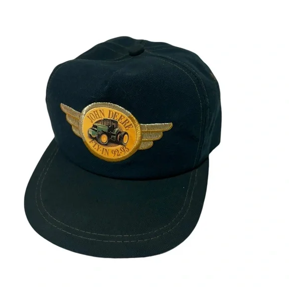 Vintage JOHN DEERE FLY-IN 92-93 Farmer Trucker Hat Cap golden wing Leather Strap - Picture 9 of 12